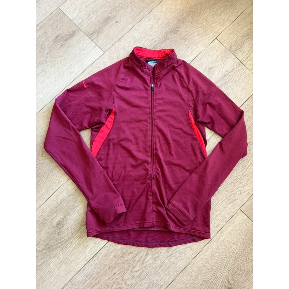 Nike Sphere Dry Womens Cycling Jersey Burgundy Red Half Zip Long Sleeve Small
